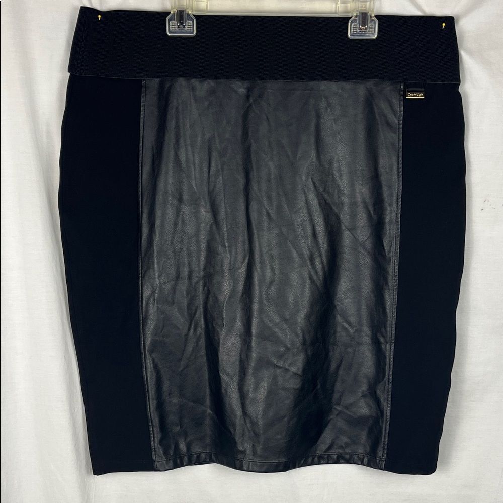 Calvin Klein Black Faux Leather Panel Power Stretch Midi Career Skirt